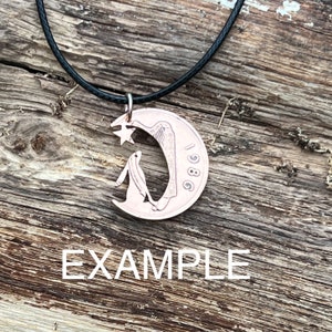 Hare in the Moon pendant handmade from old irish 2p coins, Moon Gazing hare jewellery, Hare necklace made from recycled old coins pagan