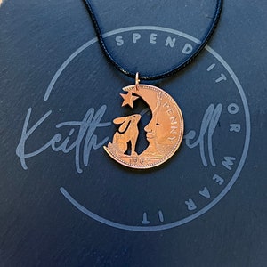 Hare in the Moon pendant handmade from old coins, Moon Gazing hare jewellery, Guess how much i love you