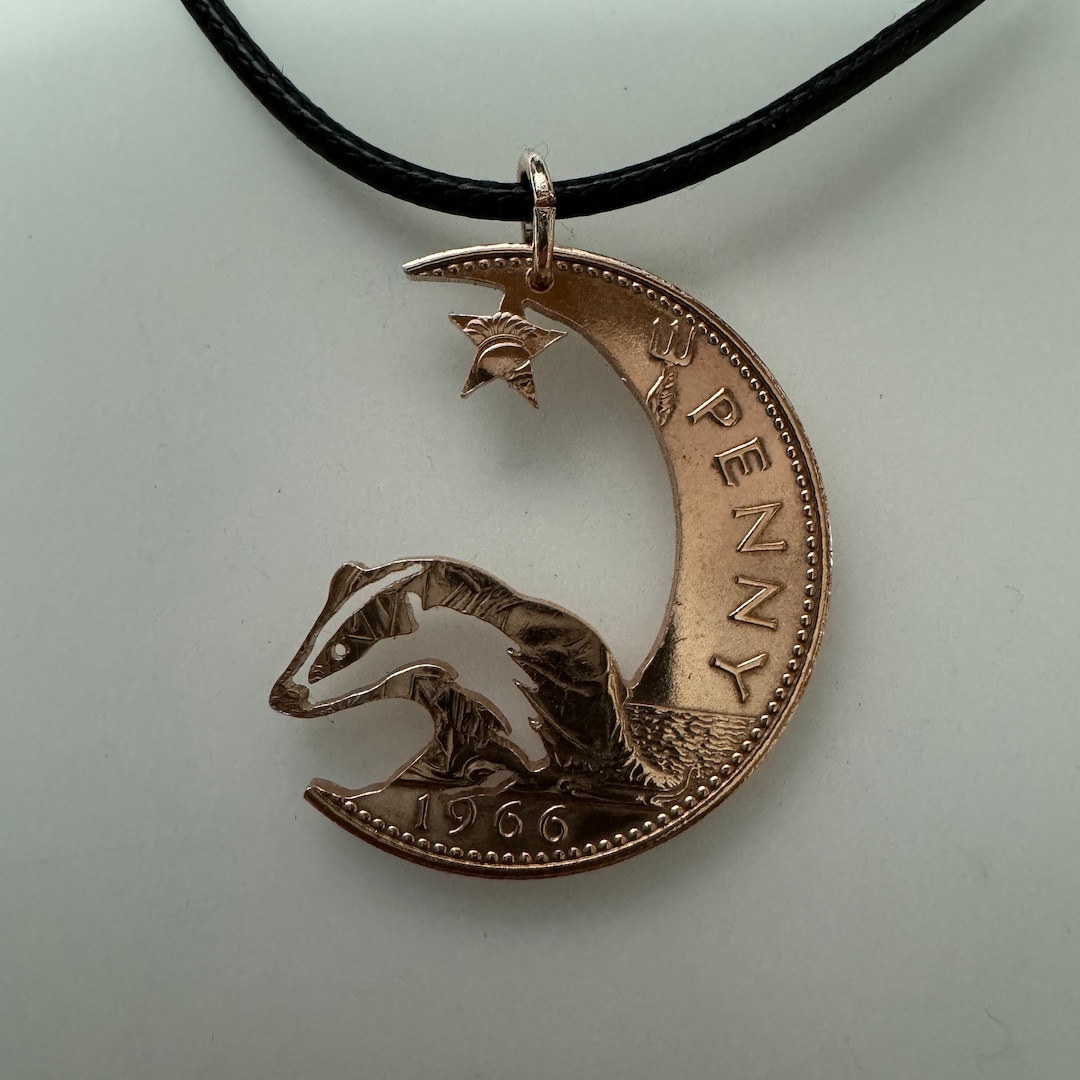 Badger and Moon Coin Pendant Handmade From Old Coins, Animal Jewellery