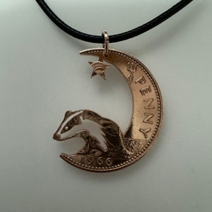 Badger and moon Coin pendant handmade from old coins, Animal jewellery,  made from recycled old coins