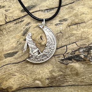 Hare in the Moon pendant handmade from old  quarter coins, Moon Gazing hare jewellery, Hare necklace made from recycled old coins pagan
