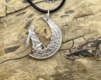 Hare in the Moon pendant handmade from old  quarter coins, Moon Gazing hare jewellery, Hare necklace made from recycled old coins pagan