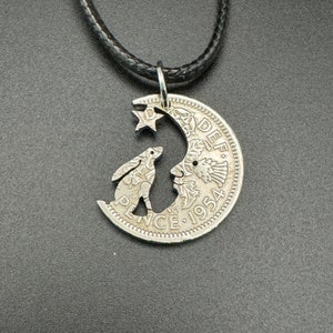 Pagan Hare in the Moon jewellery pendant handmade from old coins, Moon Gazing hare jewellery, Hare necklace made from recycled old Sixpence