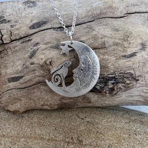 925 Silver Hare & Moon pendant handmade from a very worn British silver florin