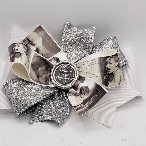 Taylor Swift MERCH Hairbow The Tortured Poets Department Hair Bow White Eras Tour Swiftie Glitter Bottle Cap Grosgrain Bling Album Hair Bow