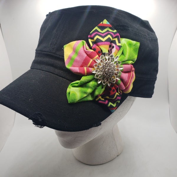 Cadet Cap Hat Fabric Flower Rhinestone Bling Women's Ladies Pink Black Green Yellow Distressed Shabby Chic Boho Cute Fun Blingy