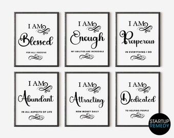 Affirmation Wall Art, Printable Wall Art, Digital Print, Entrepreneur Wall Art, Black and White Art, Motivation Wall Art, Set of 6 Print