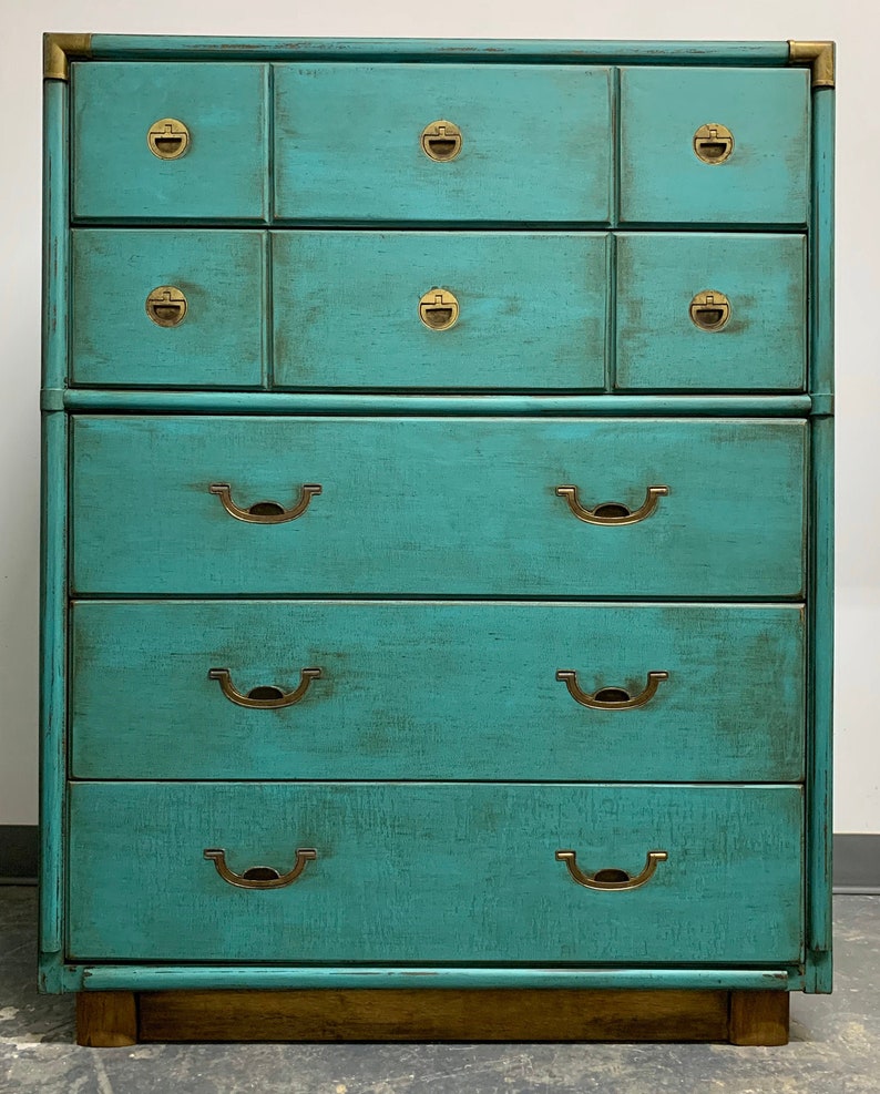 Vintage Drexel 5 Drawer Dresser Antique Teal Drawers Shabby Etsy