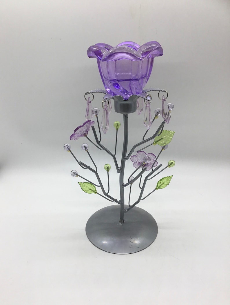 Purple Beaded Tea Light Candle Holder with Floral /& Leaf Design