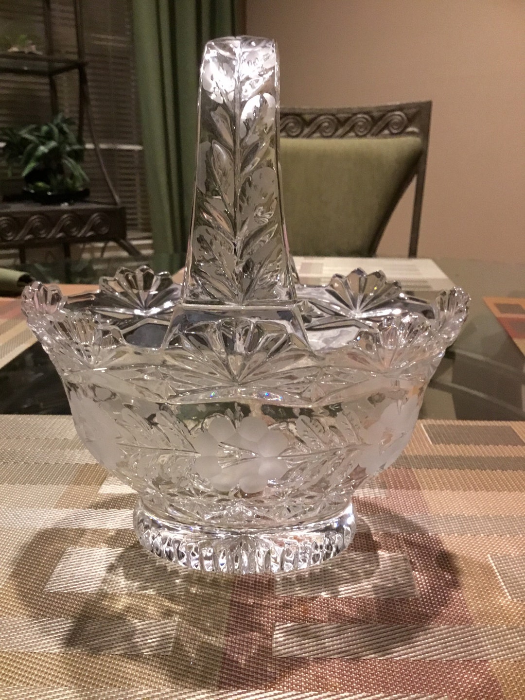 Vintage Lead Crystal Cut Glass Basket With Floral Design Etsy