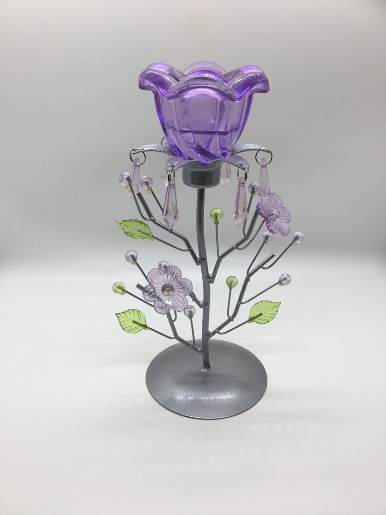 Purple Beaded Tea Light Candle Holder with Floral /& Leaf Design