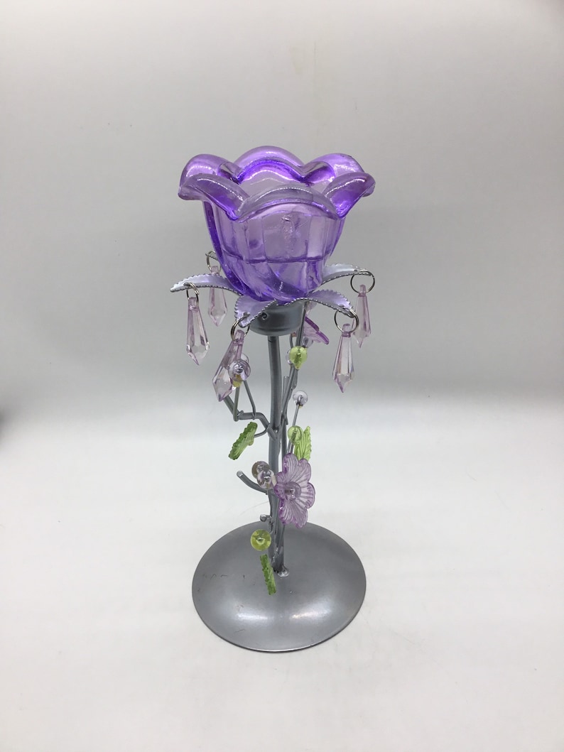 Purple Beaded Tea Light Candle Holder with Floral /& Leaf Design