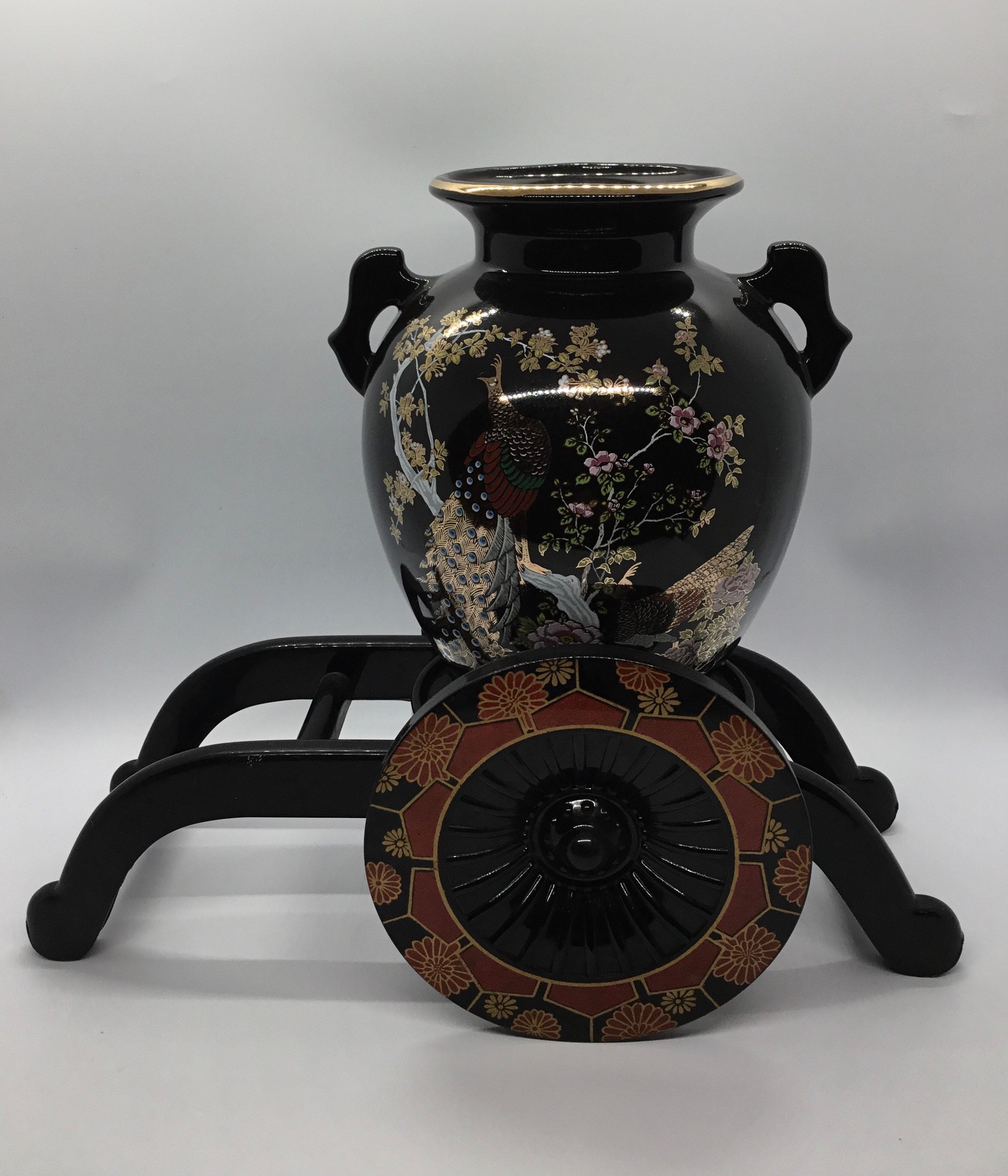 Vintage Japanese Peacock Vase With Cart Black Ceramic Vase Etsy