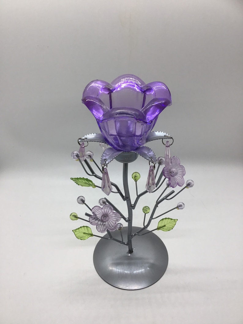 Purple Beaded Tea Light Candle Holder with Floral /& Leaf Design