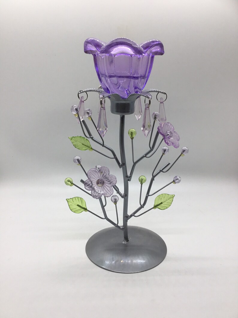 Purple Beaded Tea Light Candle Holder with Floral /& Leaf Design