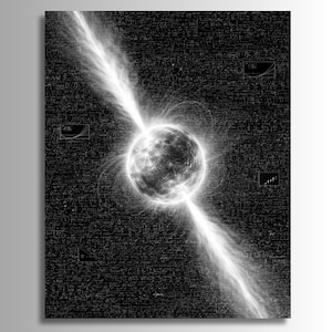 May include: Black and white artwork depicting a bright, spherical object emitting powerful beams of light. The background is filled with complex mathematical equations and diagrams, creating a scientific or abstract theme.