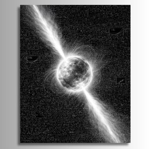 Op de afbeelding: Zwart-wit kunstwerk dat een helder, bolvormig object afbeeldt dat krachtige lichtstralen uitzendt. De achtergrond is gevuld met complexe wiskundige vergelijkingen en diagrammen, wat een wetenschappelijk of abstract thema creëert.