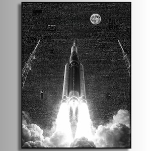 May include: Monochrome print depicting a rocket launch, with flames and smoke rising from the base. The moon is visible in the night sky, and the background is filled with text. Two launch towers are positioned on either side of the rocket.