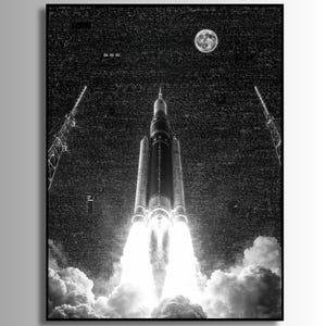 May include: Monochrome print depicting a rocket launch, with flames and smoke rising from the base. The moon is visible in the night sky, and the background is filled with text. Two launch towers are positioned on either side of the rocket.