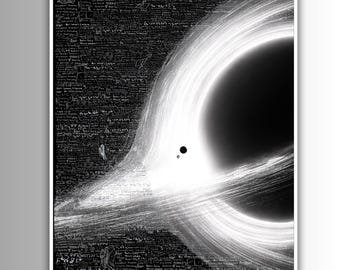 May include: Black and white art print depicting a black hole with a bright, swirling halo of light. The background is filled with detailed handwritten text and diagrams, creating a scientific and artistic aesthetic. The print is framed in a white border.