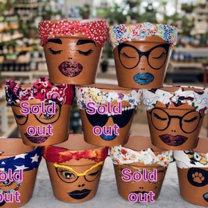 4" Mini Terra Cotta Planter with Colorful Headwraps and Faces