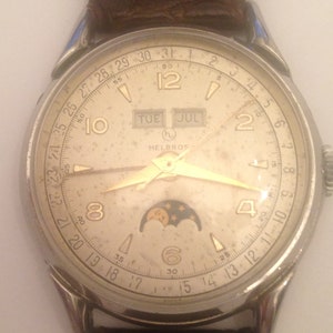 Helbros Moonphase Men&#39;s Watch Rare SS 33.5mm dial Serviced ca 1950&#39;s