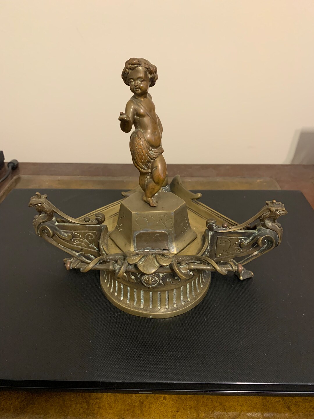 Figural Inkwell Bronze Figural Inkwell With Sterling Setting and Original Hand Blown ...
