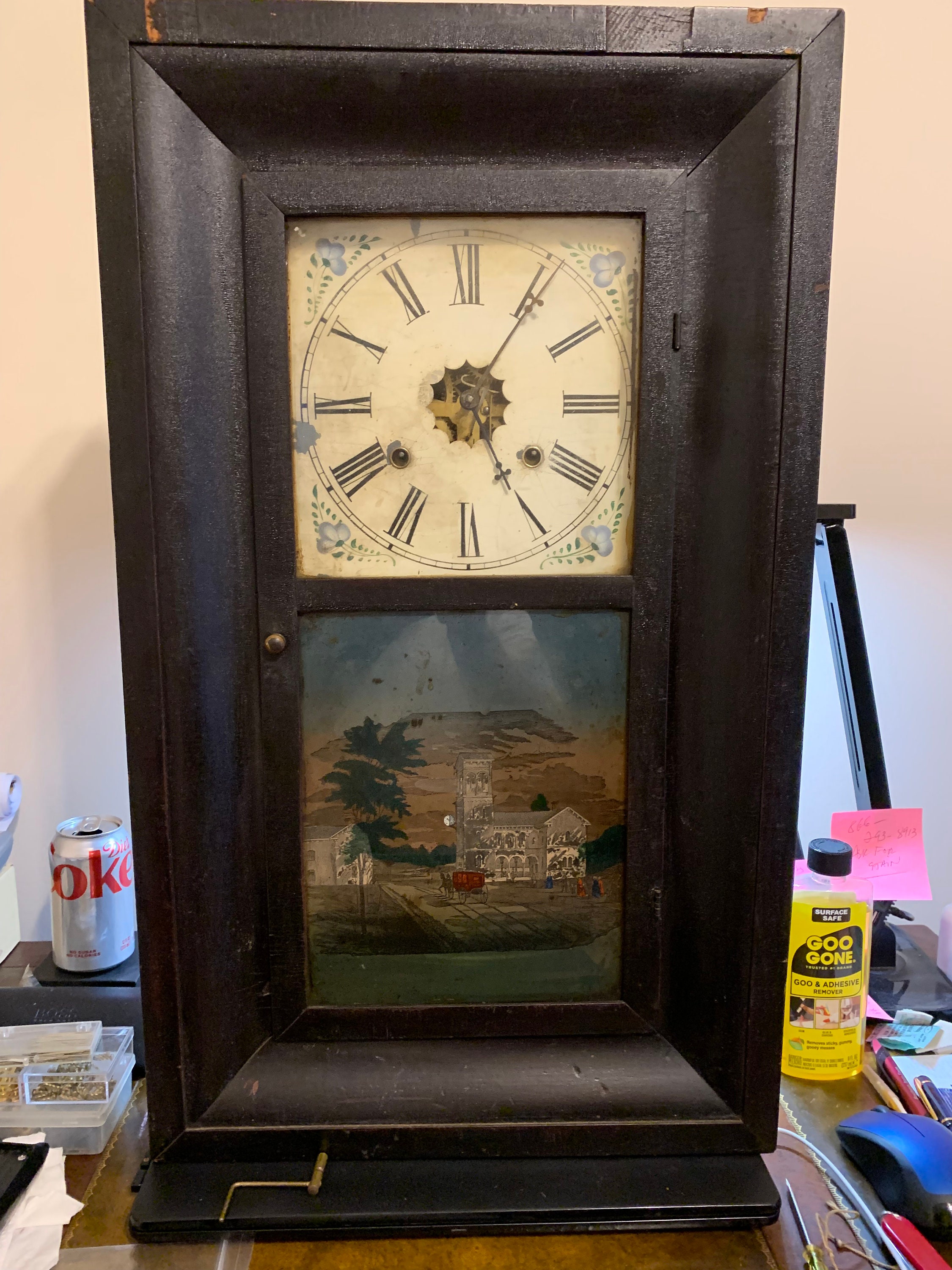 Weight Driven Early 1840 Waterbury Clock days 30 hours Hand painted  Panel RARE and 100% original
