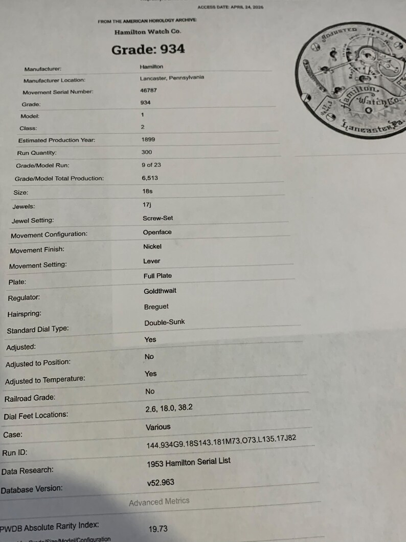 Op de afbeelding: Een document van het American Horology Archive voor een Hamilton Watch Co. Grade 934 horloge. Het document bevat details zoals de fabrikant, locatie, serienummer, kwaliteit, model en geschatte productiejaar van 1899. Een ronde stempel staat in de rechterbovenhoek.