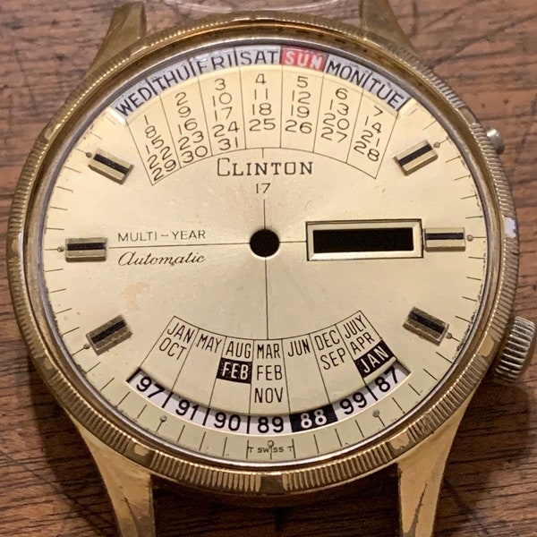 Clinton Perpetual calendar watch case complete w/crown inner ring and spaces for PARTS no movement