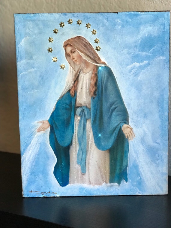 Miraculous Medal Virgin. Virgen de la Medalla Milagrosa. (with clear epoxy  coating)