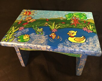 Child's Step Stool with a hand painted pond scene