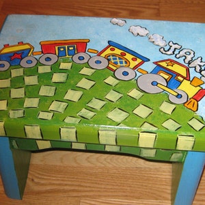 Child&#39;s Step Stool with a hand painted train scene