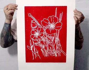 Poppies - A2 Lino cut print by Franko B, edition of 12 (2026)