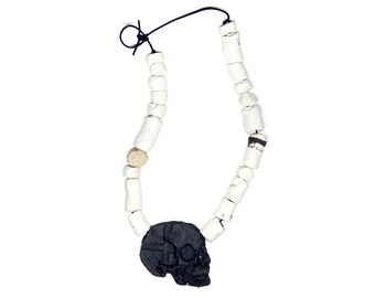 Skull necklace - unglazed ceramic beads necklace by Franko B with skull pendant, contemporary art / jewellery