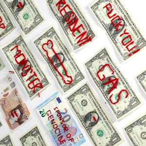 Intervention #2 - Series of 23 stitch drawings on various banknotes by Franko B 2024, contemporary art