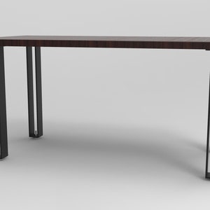 May include: A dark wood dining table with a rectangular top and black metal legs. The table has a simple, modern design.