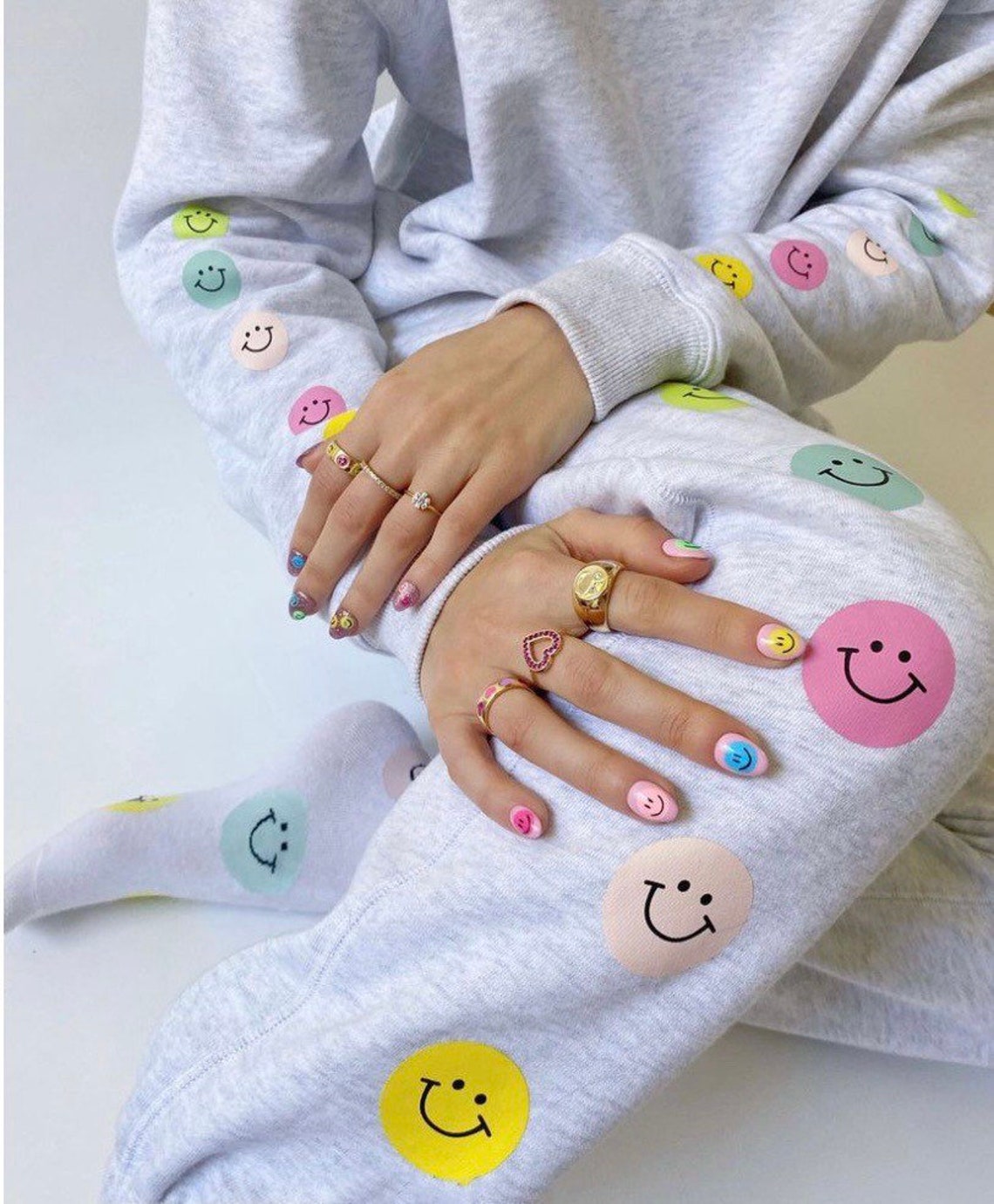 sweatpants with smiley face