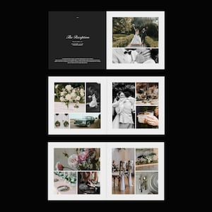 May include: A wedding album spread featuring a dark gray page with the text "The Reception" in elegant script. The spread includes multiple photographs of a wedding, including the couple, floral arrangements, and reception details.