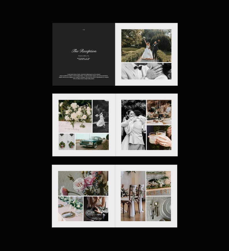 May include: A wedding album spread featuring a dark gray page with the text "The Reception" in elegant script. The spread includes multiple photographs of a wedding, including the couple, floral arrangements, and reception details.