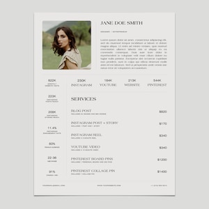 Modelo de kit de mídia social de 1 página, modelo Canva, planilha de preços de influenciadores, cartão de preços de criadores de conteúdo, modelo de mídia do Blogger, relatório de colaboração