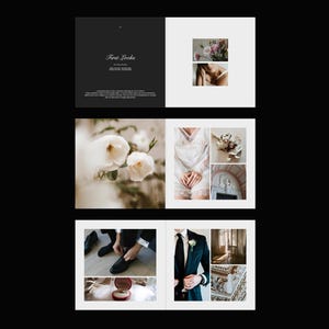 May include: A wedding photo album spread with the title "First Looks" on a dark gray background. The spread includes various images: white roses, a bride in a white robe, a groom adjusting his shoes, and a ring in a red box.
