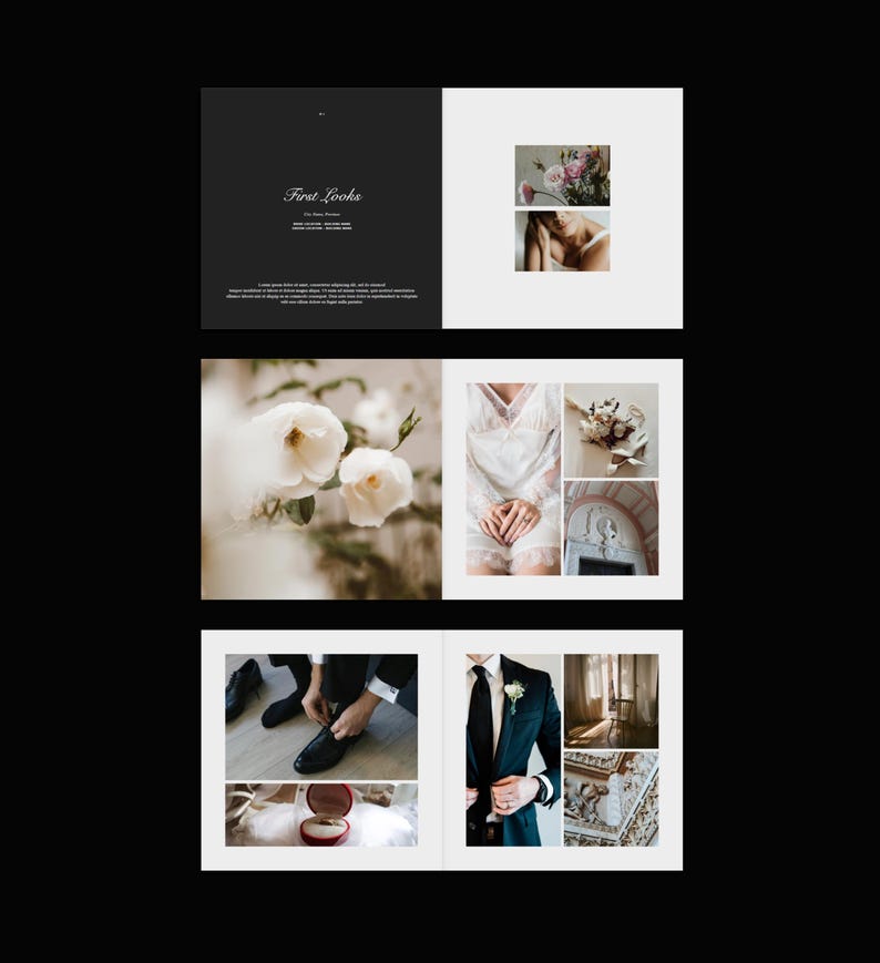 May include: A wedding photo album spread with the title "First Looks" on a dark gray background. The spread includes various images: white roses, a bride in a white robe, a groom adjusting his shoes, and a ring in a red box.