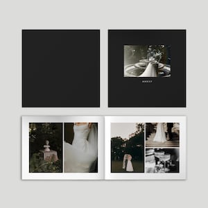 May include: A wedding album with a black cover and a white interior. The album features photographs of a wedding ceremony, including a couple embracing, a bride in a white dress, and champagne glasses. The Roman numeral "MMXXV" is visible.
