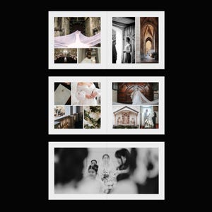May include: A wedding photo album with multiple images. The images are in black and white and show various scenes from a wedding ceremony, including the bride, the groom, and the wedding venue.