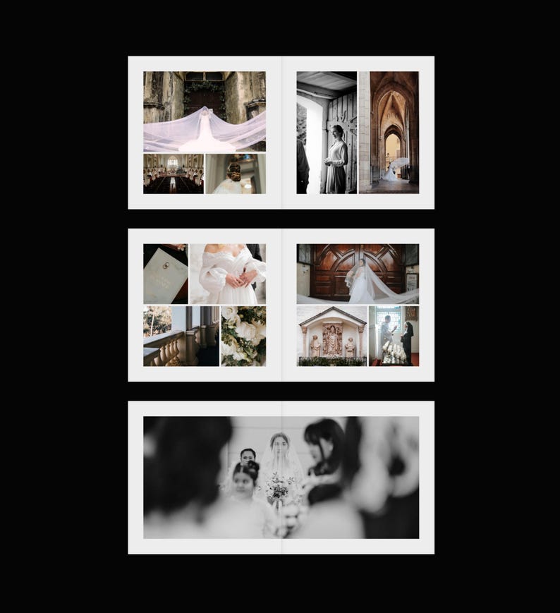 May include: A wedding photo album with multiple images. The images are in black and white and show various scenes from a wedding ceremony, including the bride, the groom, and the wedding venue.