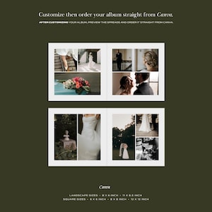 May include: A wedding album layout with multiple photo collages. The text reads "Customize then order your album straight from Canva." Album sizes include 8 x 6 inch, 11 x 8.5 inch, 6 x 6 inch, 8 x 8 inch, and 12 x 12 inch.