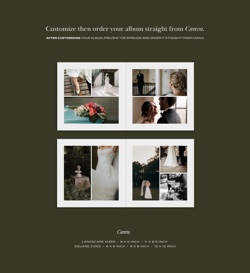 May include: A wedding album layout with multiple photo collages. The text reads "Customize then order your album straight from Canva." Album sizes include 8 x 6 inch, 11 x 8.5 inch, 6 x 6 inch, 8 x 8 inch, and 12 x 12 inch.