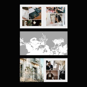 May include: A wedding-themed photo album with multiple images. The top row features stationery, flowers, and a bride looking at dresses. The middle section has a white floral design on a gray background. The bottom row shows a building exterior and images of a groom.