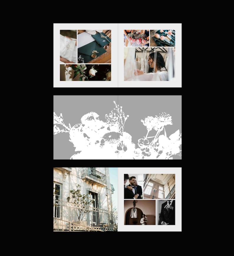 May include: A wedding-themed photo album with multiple images. The top row features stationery, flowers, and a bride looking at dresses. The middle section has a white floral design on a gray background. The bottom row shows a building exterior and images of a groom.